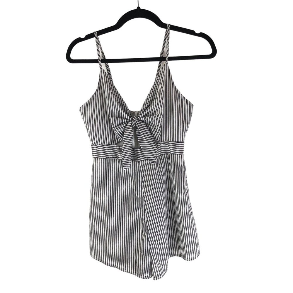 Seek the Label Womens Romper Keyhole Bow V Neck Striped  Black White XS